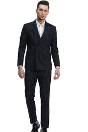 2-Piece Slim Fit Double Breasted Pin Stripe Suit - Navy