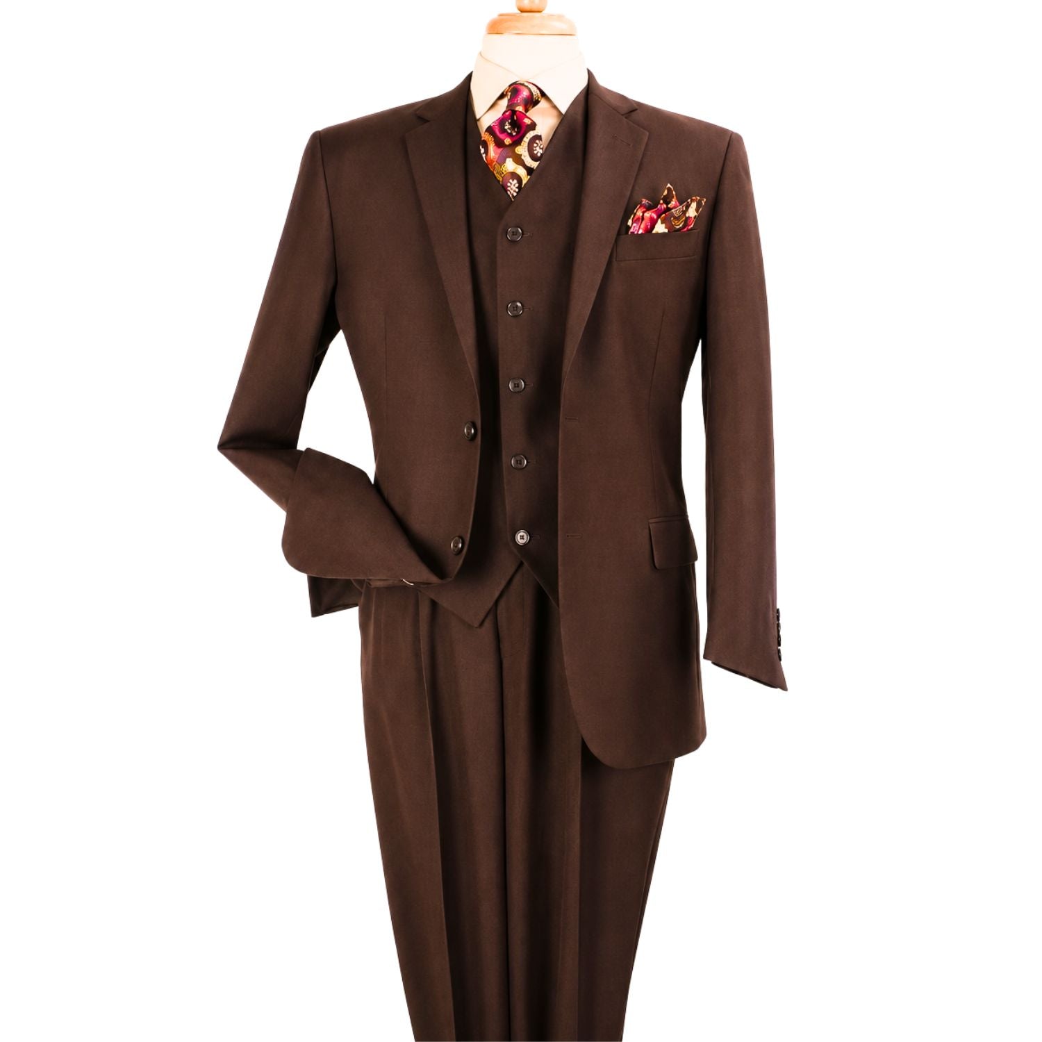 brown 3-piece poplin suit front view with matching vest and trousers