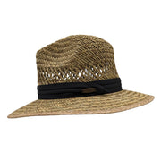 Natural Panama Rush Straw Safari Hat with Black 3 Pleat Cotton Band