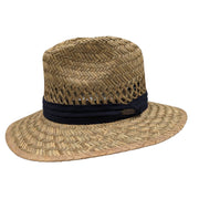 Natural Panama Rush Straw Safari Hat with Navy 3 Pleat Cotton Band