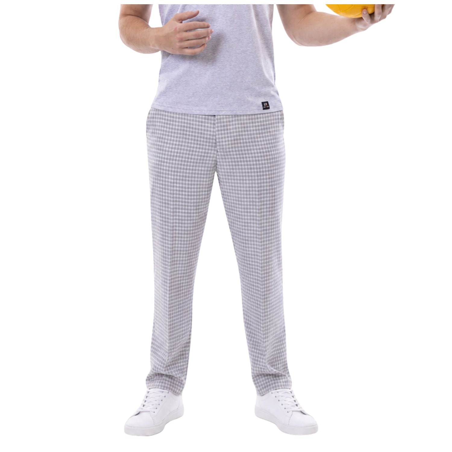 men’s grey checkered plaid modern fit pants front view on model