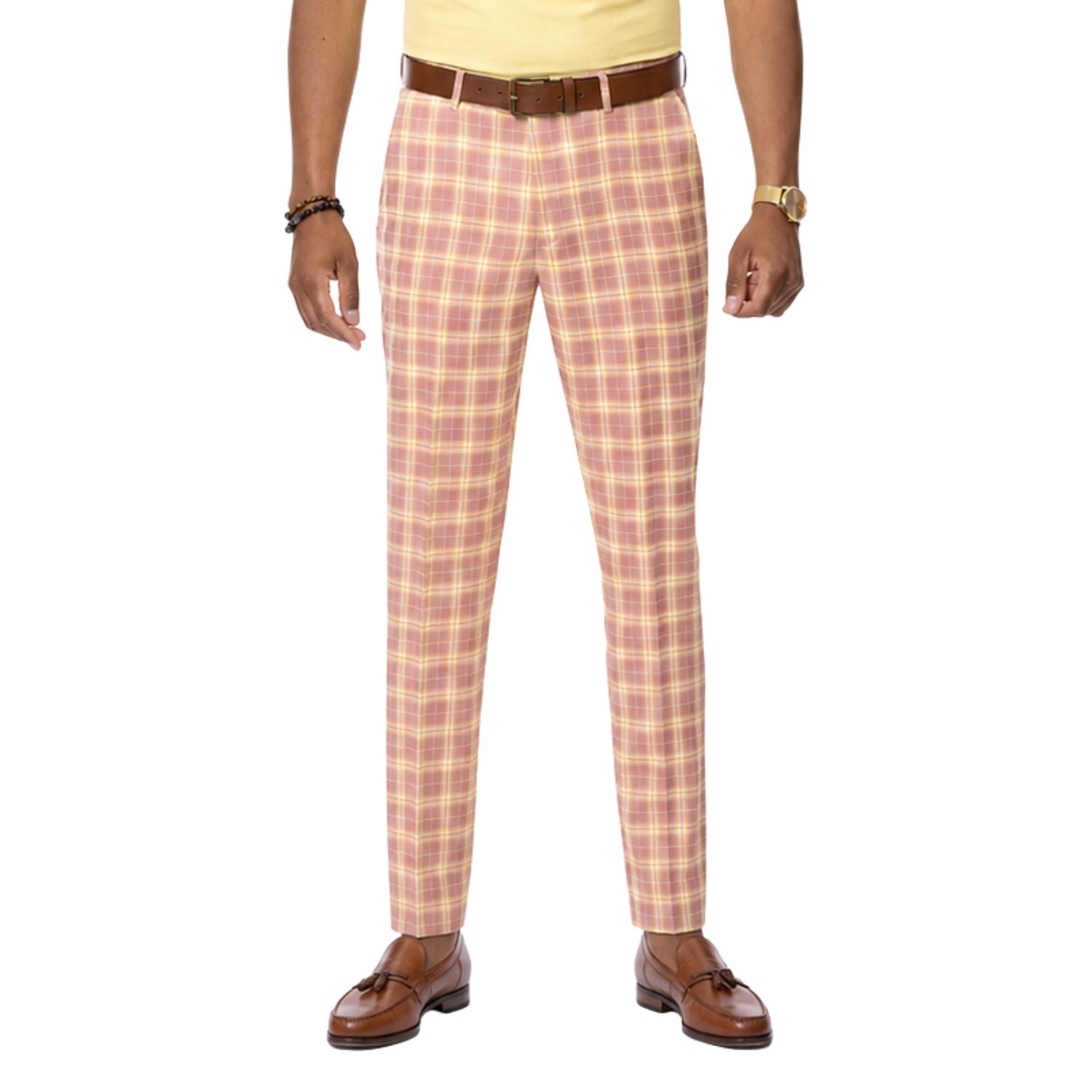 men’s pink checkered plaid modern fit pants front view on model