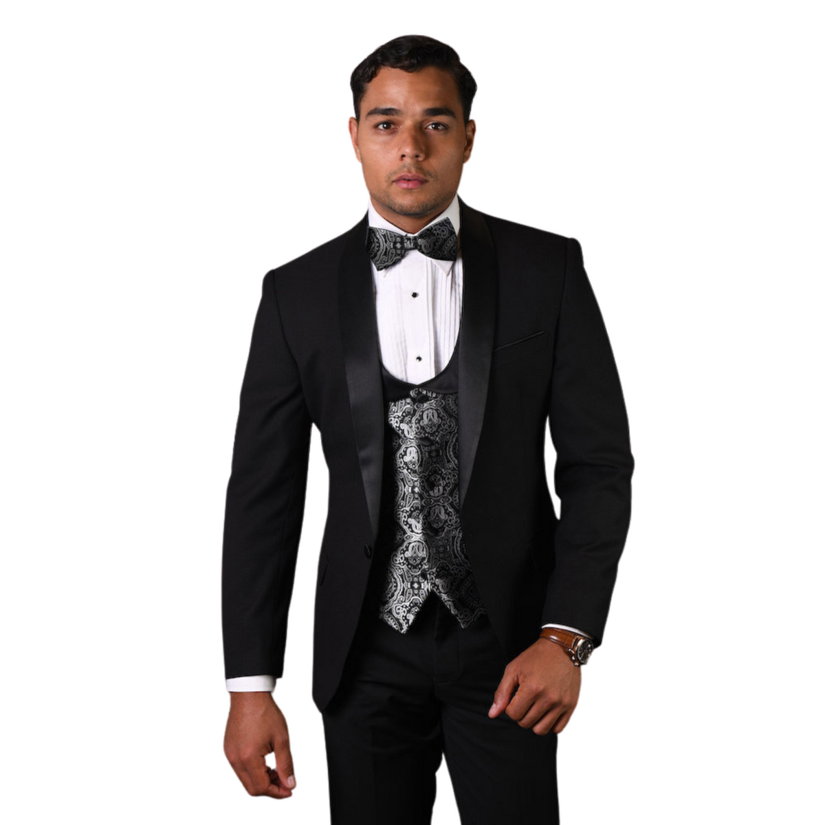 Slim Fit 3 Piece with Matching Bow Tie Tuxedo Black SV2K-5
