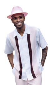 Montique 2 Piece Short Sleeve Vertical Color Block Walking Suit Set - Pink