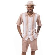 Beige Vertical Stripe 2-Piece Walking Suit Shorts Set
