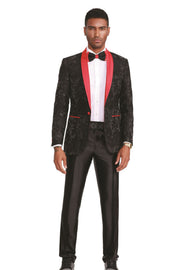 Floral Shawl Collar Blazer with Red Contrast Trim - Red/Black