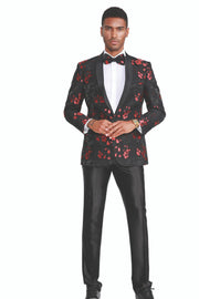 Floral Shawl Collar Blazer with Red Contrast Trim - Black/Red