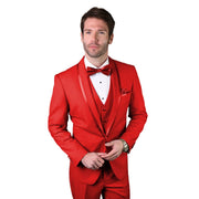 3-Piece Red Tuxedo with Bow Tie and Flat Front Pants - Red