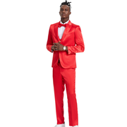 Men's Sharkskin 3-Pc Suit with Peak Lapel In Red- Skinny Fit by Tazzio