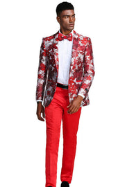 Floral Shawl Collar Single-Breasted Blazer with Bow Tie - Red