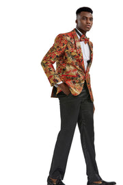 Floral Shawl Collar Single-Breasted Blazer with Bow Tie - Red/Gold
