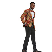 Floral Shawl Collar Single-Breasted Blazer with Bow Tie - Red/Gold by Tazzio