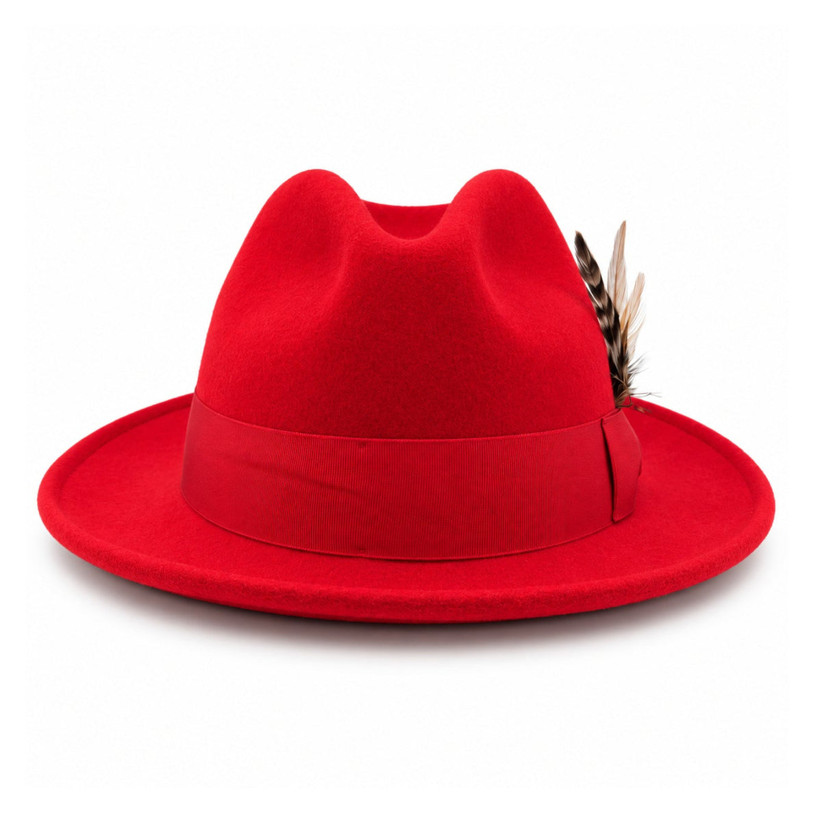 Red Lightfelt 2 1/2 inch wide brim pinch crown fedora hat by Montique front view with grosgrain bow and feather accent