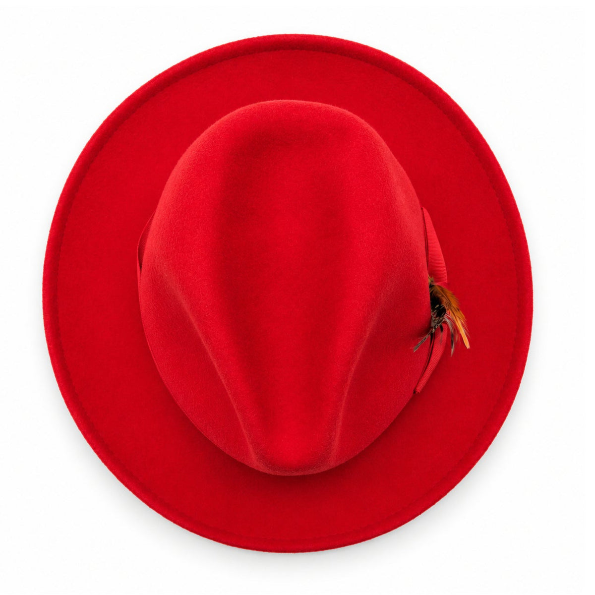 Red Lightfelt 2 1/2 inch wide brim wool felt pinch crown fedora hat by Montique top view with feather accent