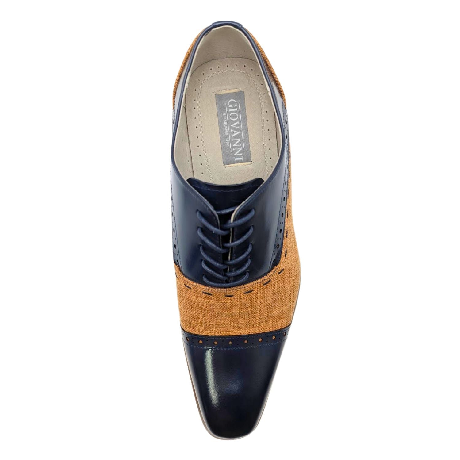 navy and tan linen cap toe lace dress shoe top view