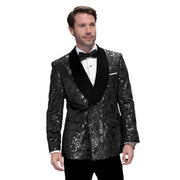 Double-Breasted Velvet Shawl Lapel Tuxedo with Side Trim Pants - Black