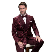 Double-Breasted Velvet Shawl Lapel Tuxedo with Side Trim Pants - Burgundy