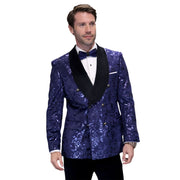 Double-Breasted Velvet Shawl Lapel Tuxedo with Side Trim Pants - Sapphire