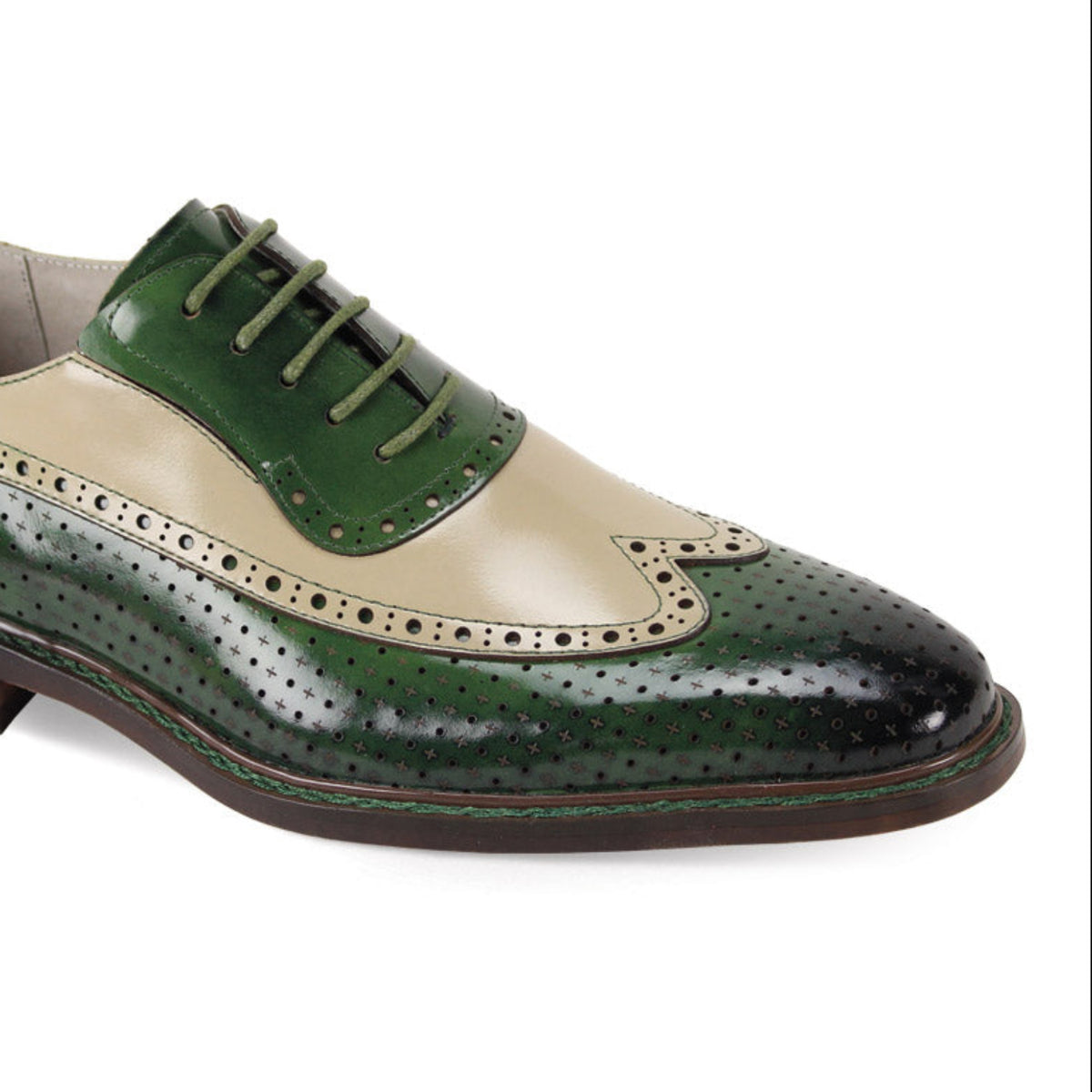 olive and natural two-tone wingtip oxford dress shoe side view close-up