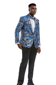 Floral Shawl Collar Single-Breasted Blazer with Bow Tie - Royal