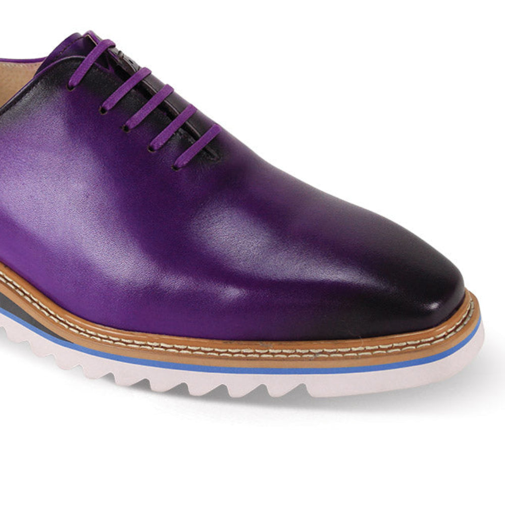 close up of purple plain toe lace-up leather dress shoes