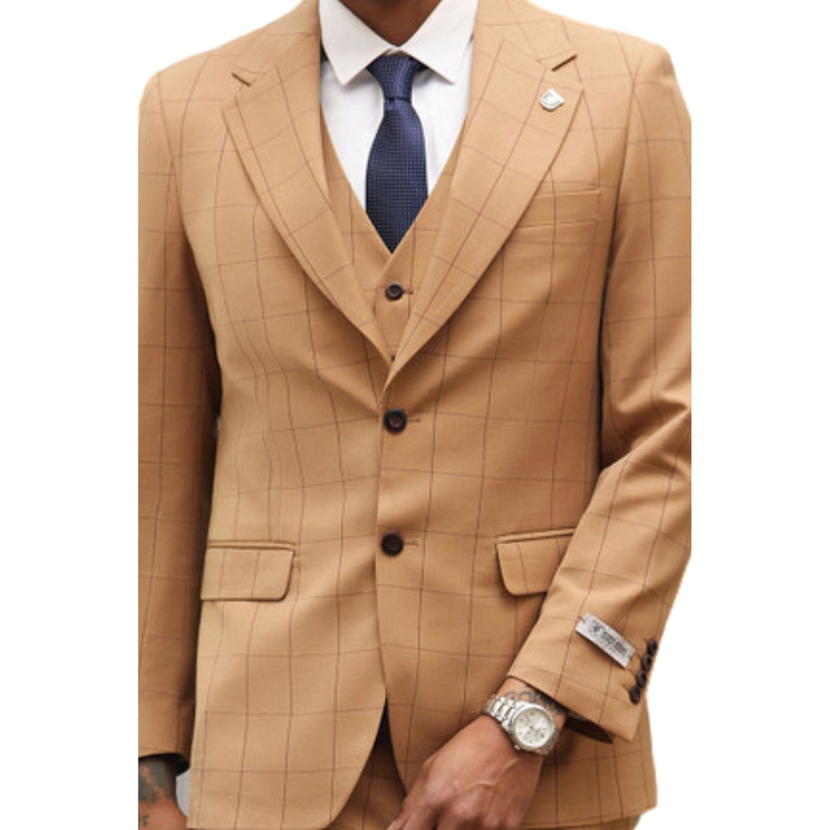 Stacy Adams rust windowpane three-piece suit showing jacket and vest details