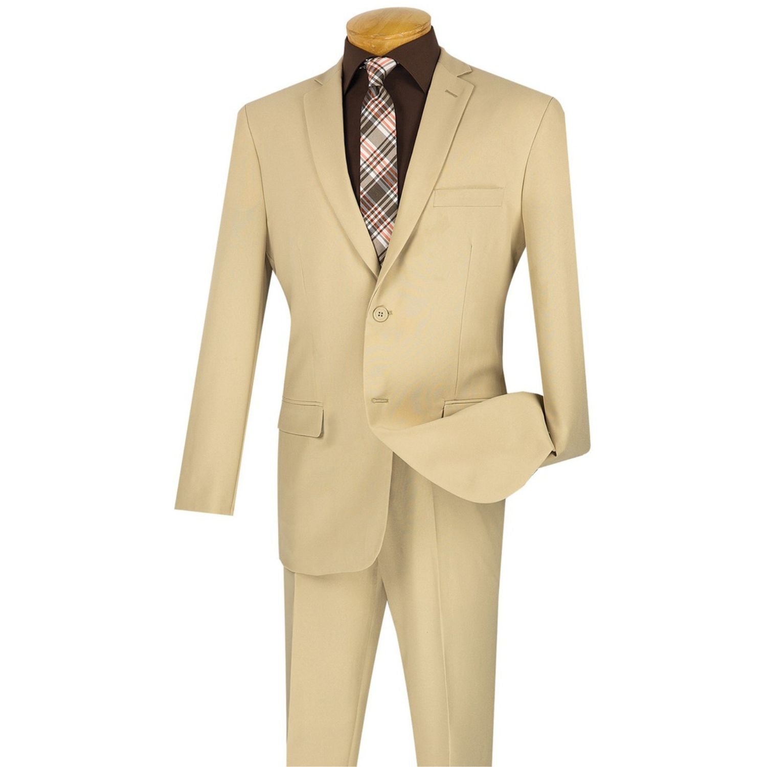 Men's beige 2-piece slim fit suit with single-breasted jacket and flat front pants