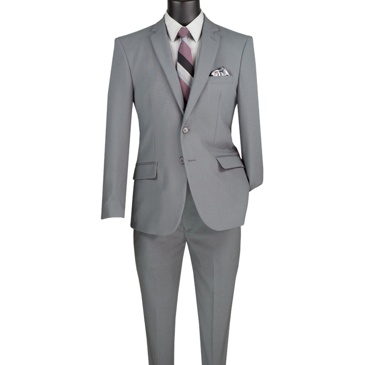 Men's medium grey 2-piece slim fit suit with single-breasted jacket and flat front pants
