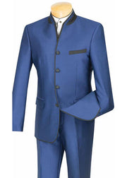 2-Piece Banded Collar Sharkskin Slim Fit Suit - Blue