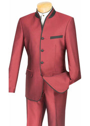 2-Piece Banded Collar Sharkskin Slim Fit Suit - Wine