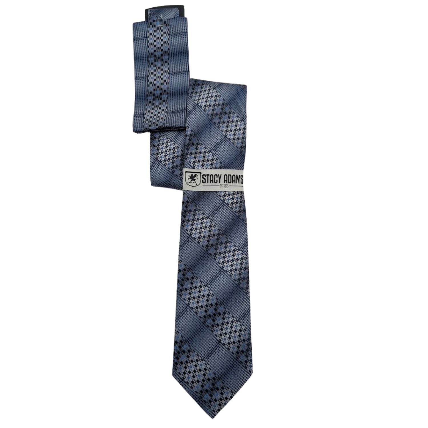 slate blue grey plaid geometric tie and pocket square set by Stacy Adams