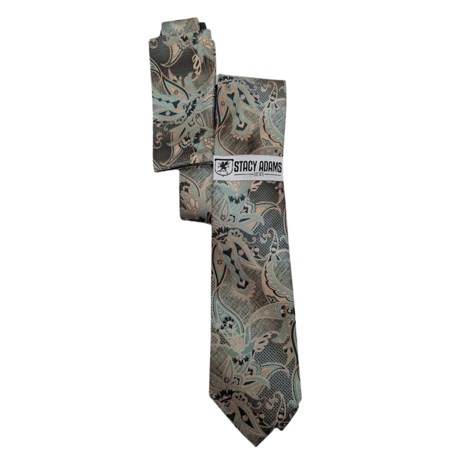 aquamarine taupe floral paisley tie and pocket square set by Stacy Adams