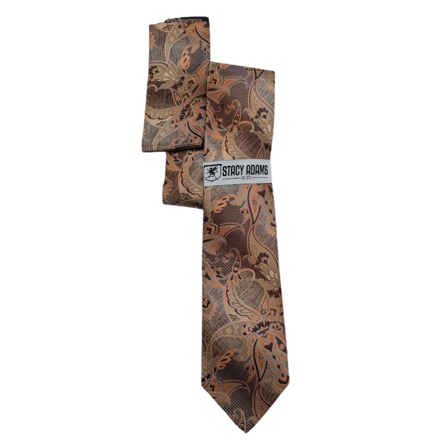 brown copper floral paisley tie and pocket square set by Stacy Adamsv