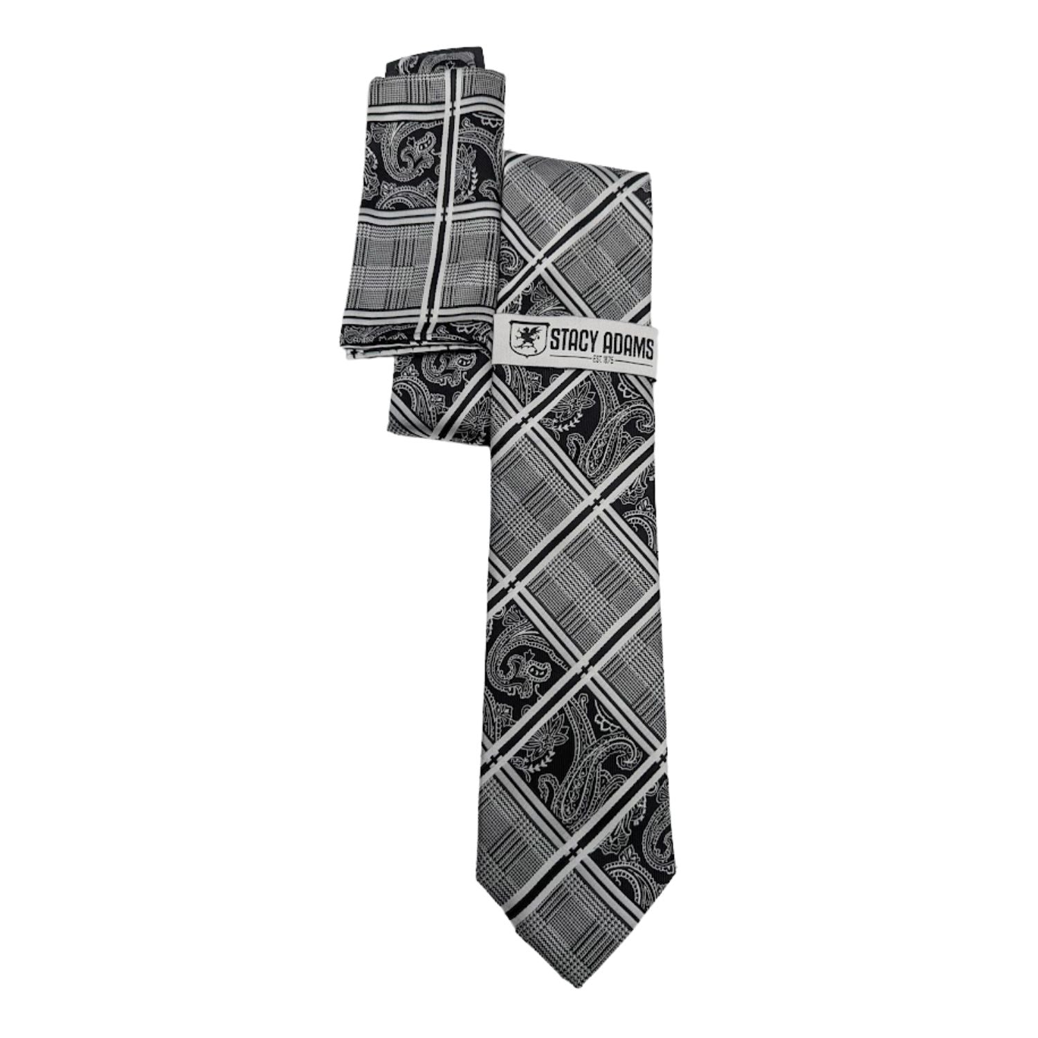 black/grey plaid paisley tie and pocket square set by Stacy Adams