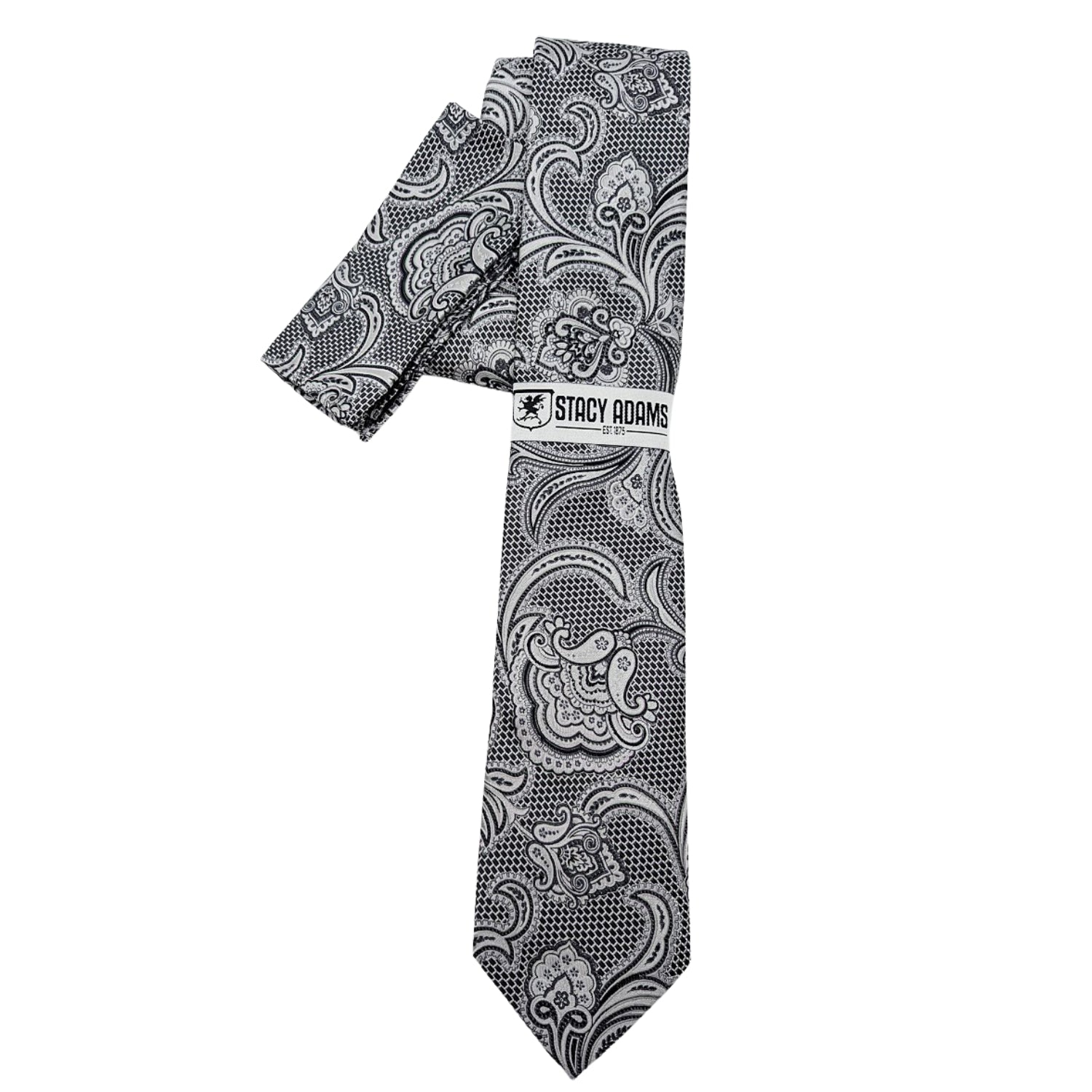 Stacy Adams black and white paisley tie and pocket square set