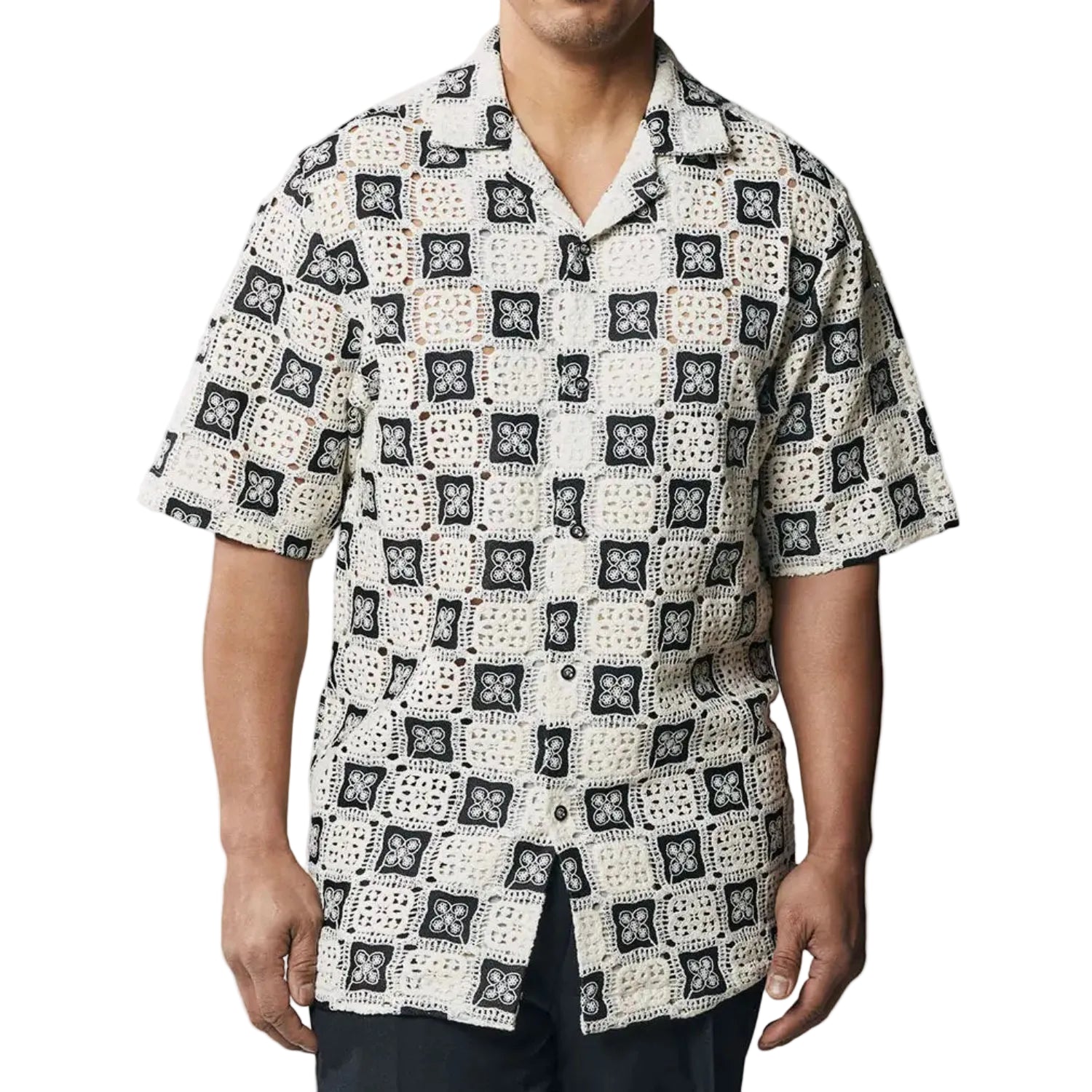 Stacy Adams black and ivory crochet woven short sleeve open collar shirt front view