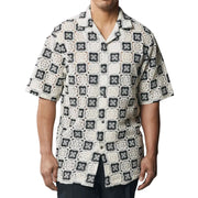Stacy Adams Black & Ivory Crochet Woven Short Sleeve Open Collar Shirt