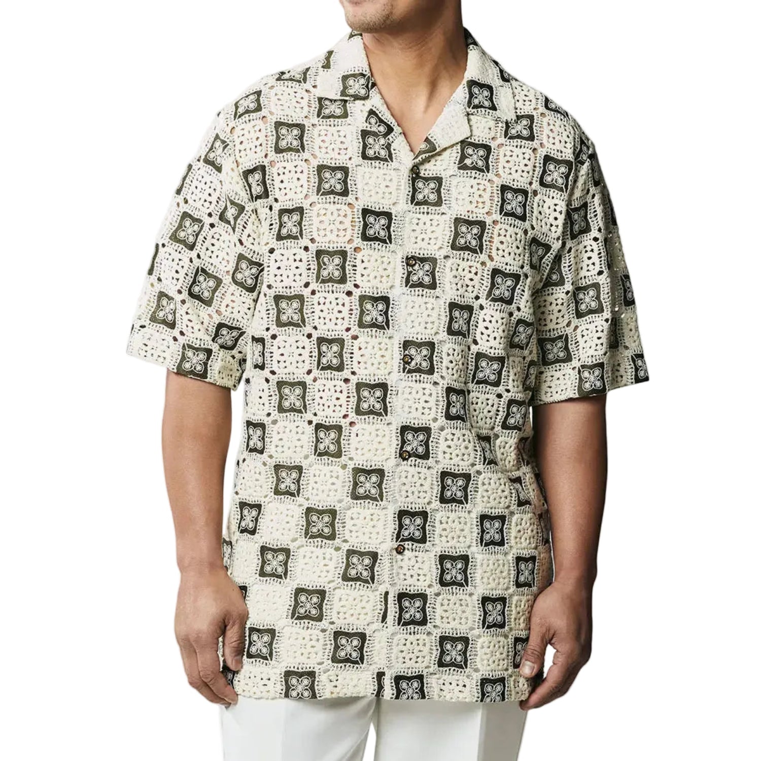 Stacy Adams olive and ivory crochet woven short sleeve open collar shirt front view