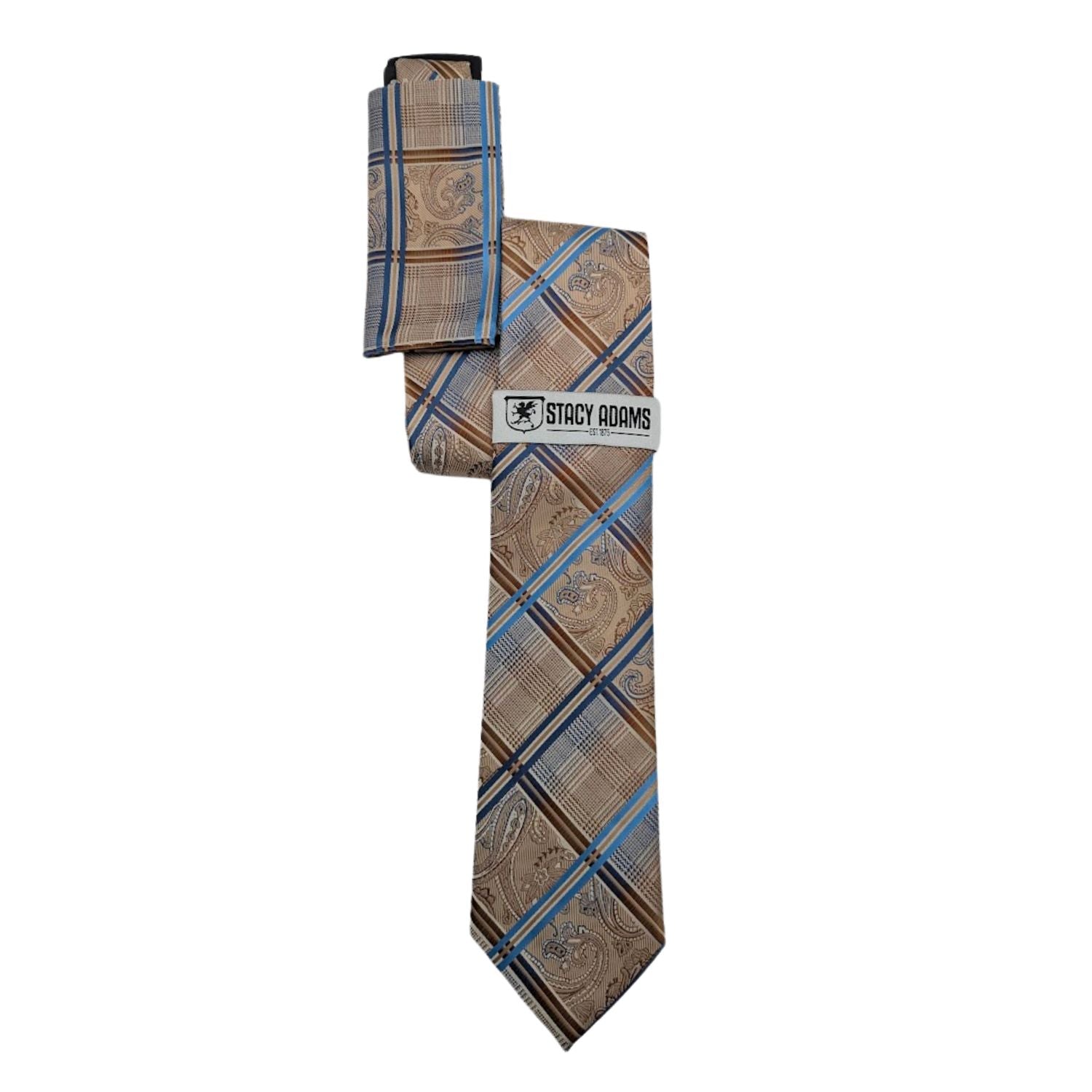 tan blue plaid paisley tie and pocket square set by Stacy Adams