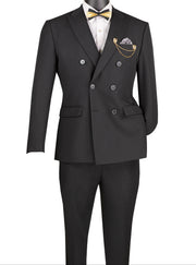 Men’s Double-Breasted Slim Fit Stretch Suit Peak Lapel - Black