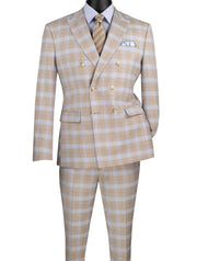 Men’s 2-Piece Windowpane Slim Fit Double-Breasted Suit - Tan