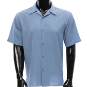 Men's Carolina Blue Textured Linen Feel Short Sleeve Shirt by Montique