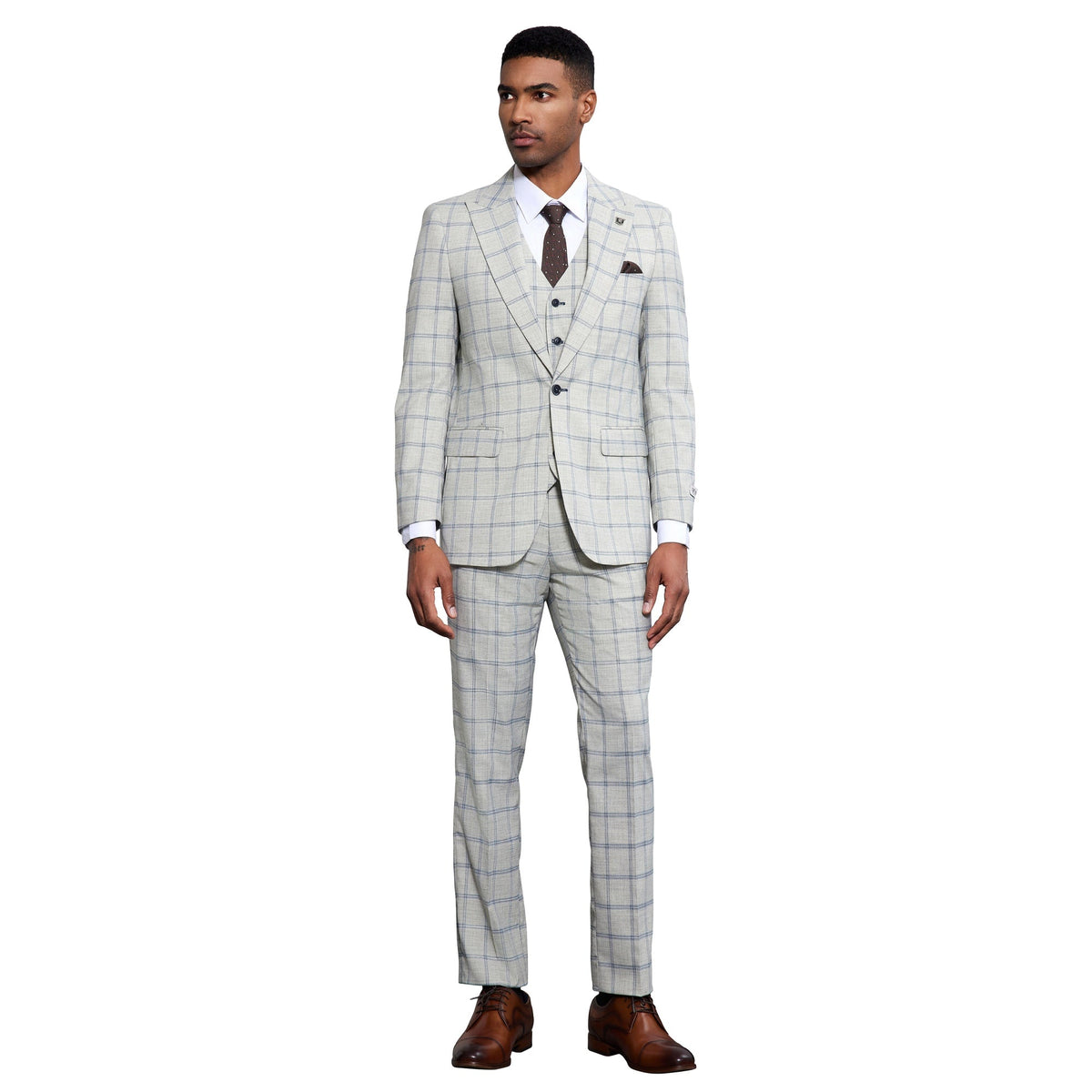 Stacy Adams SM171H1 light grey windowpane three-piece suit, front full-length view.