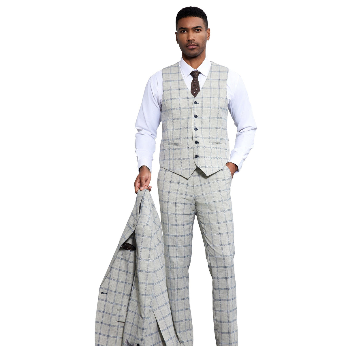 Stacy Adams SM171H1 light grey windowpane suit with vest; model holds matching jacket.