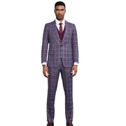 Men’s Plaid 3-Piece Hybrid Fit Suit - Wine/Grey