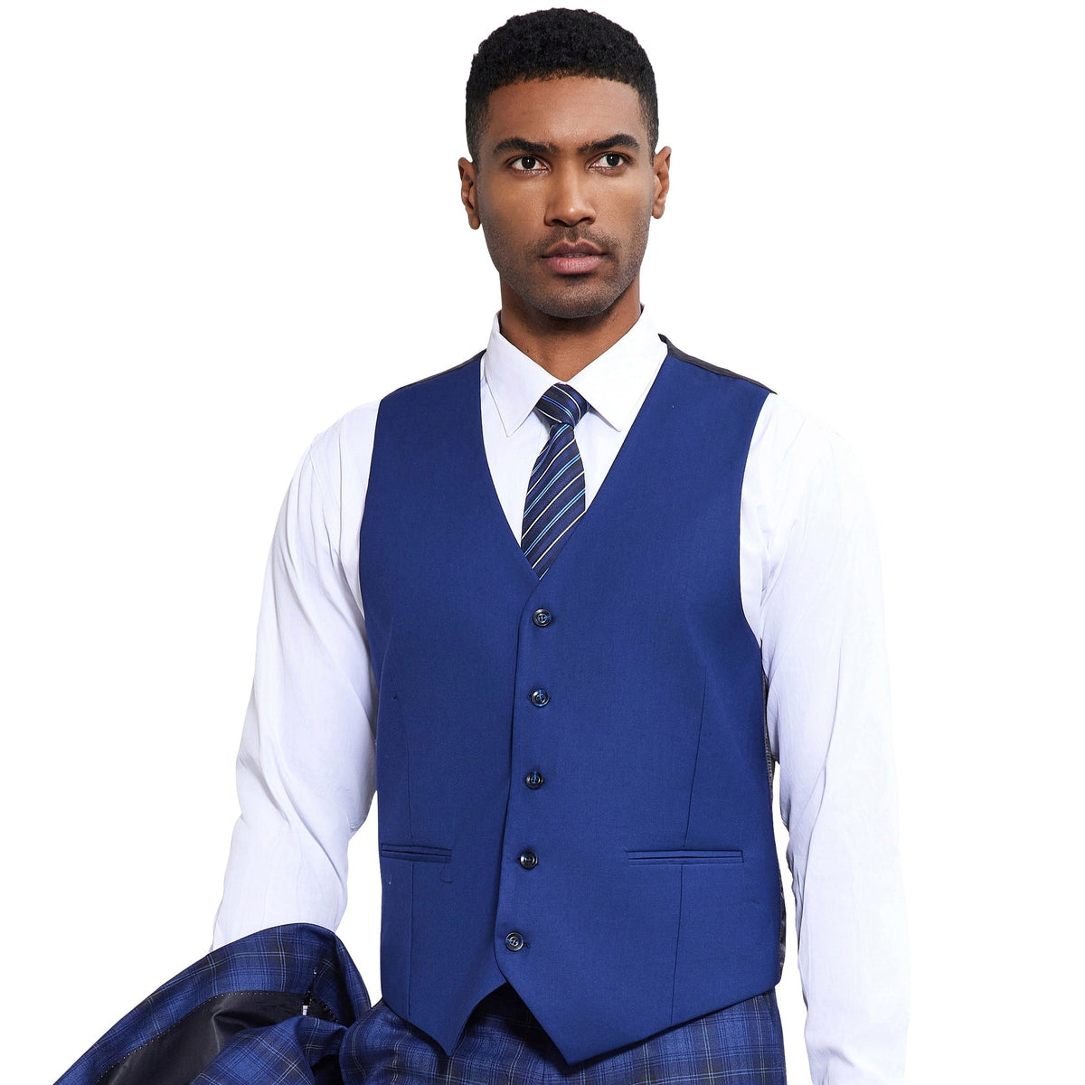 Front view of the royal blue Stacy Adams five-button vest with plaid suit pants