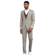 Men’s 3-Piece Hybrid Fit Glen Plaid Suit with Contrast Vest - Beige and Olive