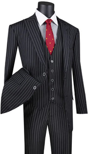Men’s 3-Piece Pinstripe Regular Fit Suit with Peak Lapel - Black