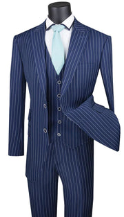 Men’s 3-Piece Pinstripe Regular Fit Suit with Peak Lapel - Blue