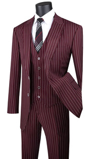 Men’s 3-Piece Pinstripe Regular Fit Suit with Peak Lapel - Burgundy